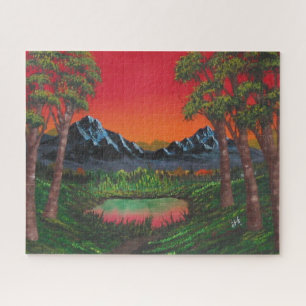 Red Sunset Mountain Forest Lake Jigsaw Puzzle