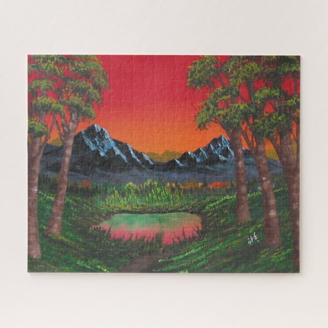 Red Sunset Mountain Forest Lake Jigsaw Puzzle (Horizontal)