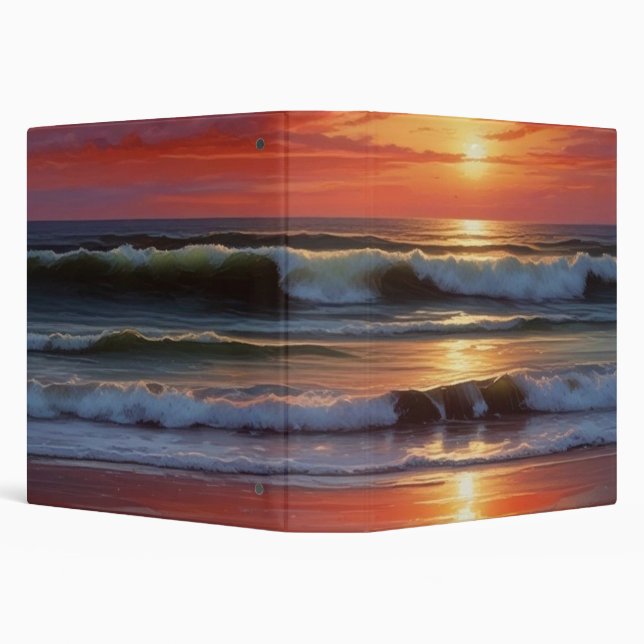 Red Sunset Ocean Seascape Painting Artwork 3 Ring Binder (Background)