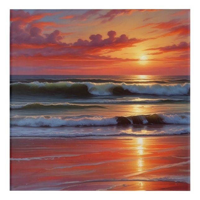 Red Sunset Ocean Seascape Painting Artwork Acrylic Print (Front)