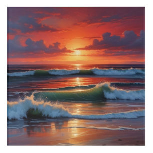 Red Sunset Ocean Seascape Painting Artwork Acrylic Print