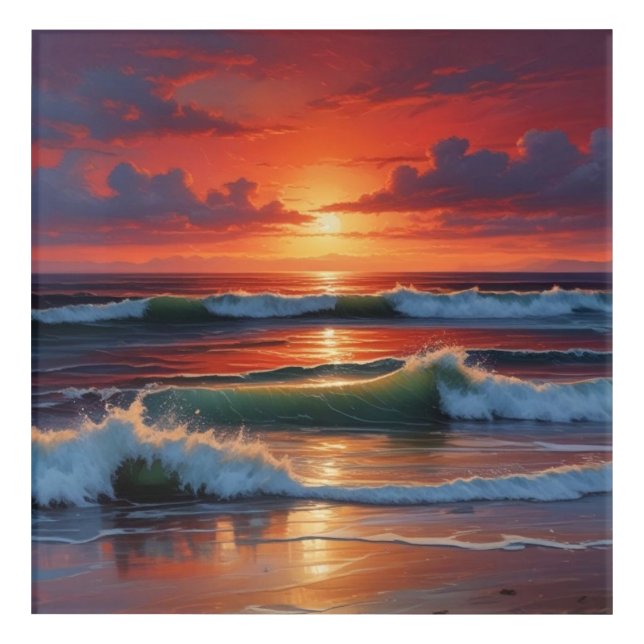 Red Sunset Ocean Seascape Painting Artwork Acrylic Print (Front)