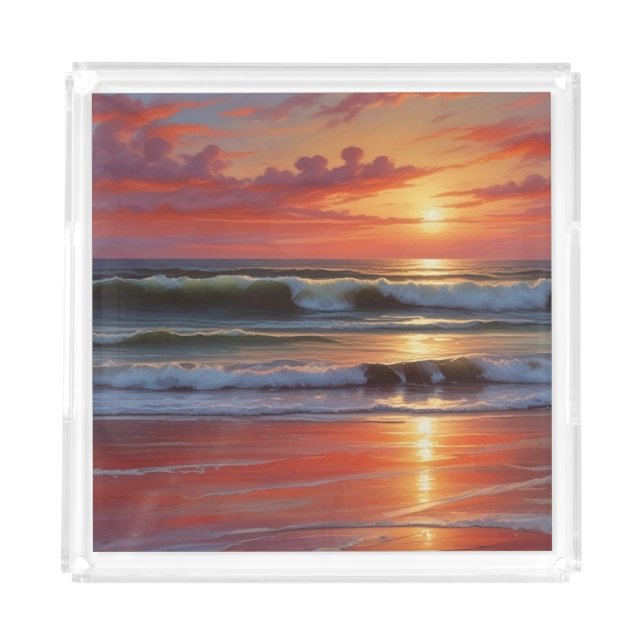 Red Sunset Ocean Seascape Painting Artwork Acrylic Tray (Front)