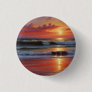 Red Sunset Ocean Seascape Painting Artwork Button