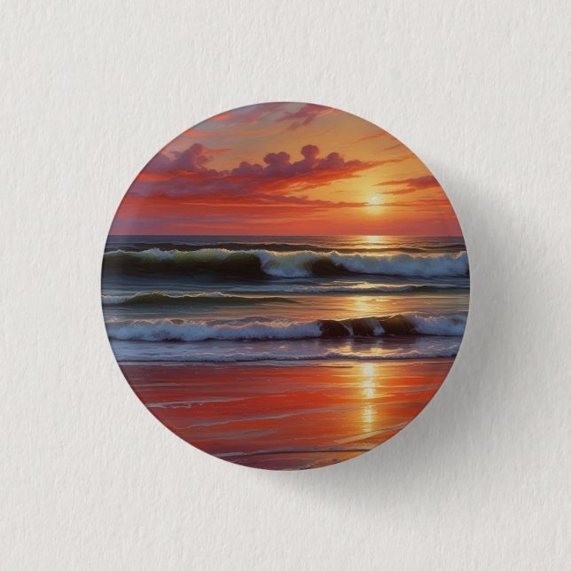 Red Sunset Ocean Seascape Painting Artwork Button (Front)