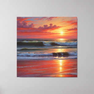 Red Sunset Ocean Seascape Painting Artwork Canvas Print
