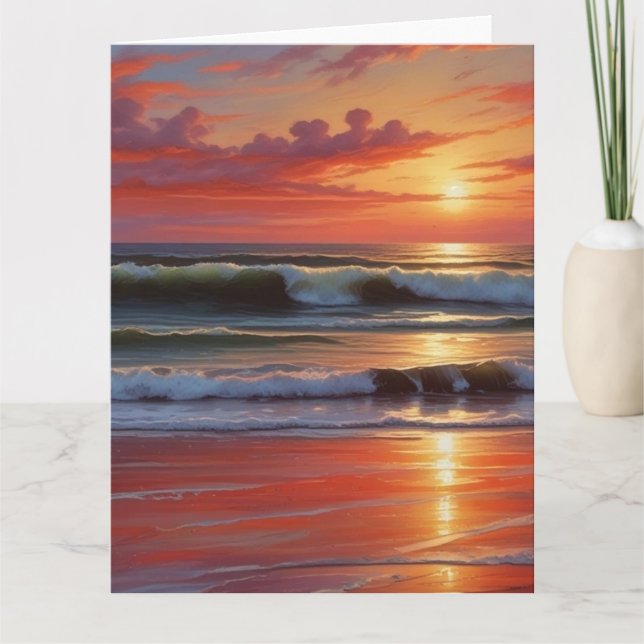 Red Sunset Ocean Seascape Painting Artwork Card (Front)