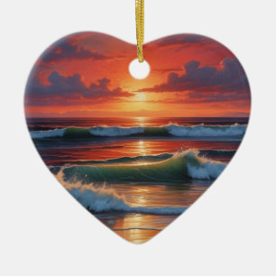 Red Sunset Ocean Seascape Painting Artwork Ceramic Ornament