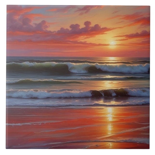 Red Sunset Ocean Seascape Painting Artwork Ceramic Tile (Front)