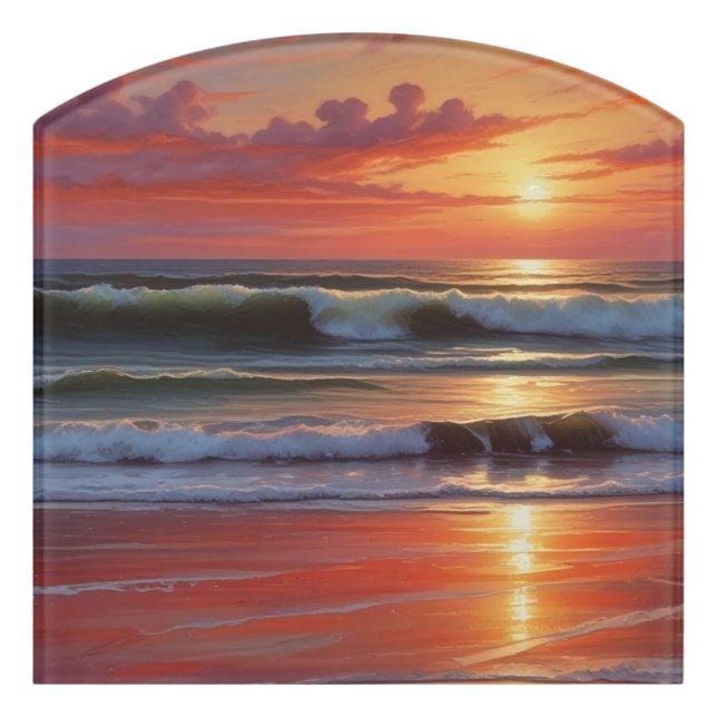 Red Sunset Ocean Seascape Painting Artwork Door Sign (Contour Front)