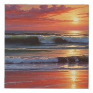 Red Sunset Ocean Seascape Painting Artwork Faux Canvas Print