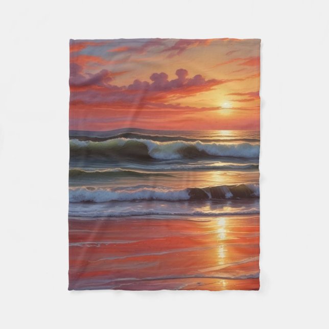 Red Sunset Ocean Seascape Painting Artwork Fleece Blanket (Front)