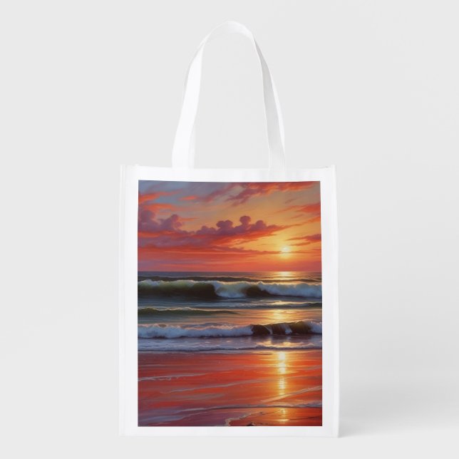Red Sunset Ocean Seascape Painting Artwork Grocery Bag (Front)