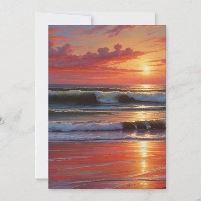 Red Sunset Ocean Seascape Painting Artwork Holiday Card (Front)