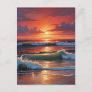 Red Sunset Ocean Seascape Painting Artwork Holiday Postcard