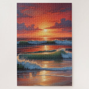 Red Sunset Ocean Seascape Painting Artwork Jigsaw Puzzle
