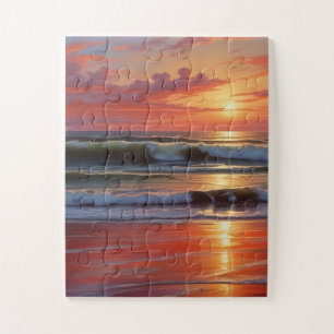 Red Sunset Ocean Seascape Painting Artwork Jigsaw Puzzle