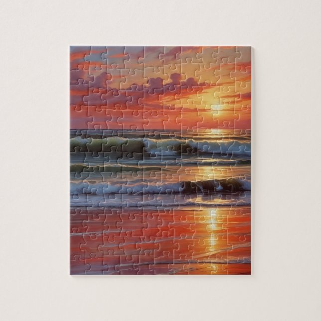 Red Sunset Ocean Seascape Painting Artwork Jigsaw Puzzle (Vertical)
