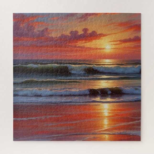 Red Sunset Ocean Seascape Painting Artwork Jigsaw Puzzle (Vertical)