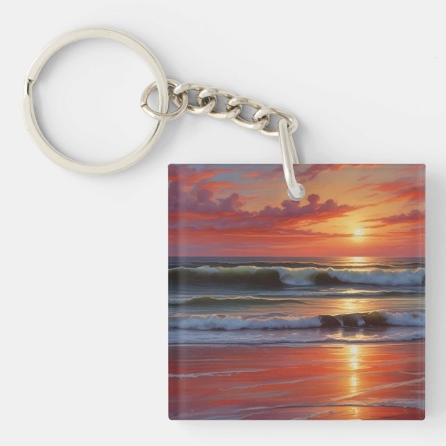 Red Sunset Ocean Seascape Painting Artwork Keychain (Front)