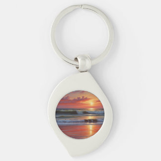 Red Sunset Ocean Seascape Painting Artwork Keychain