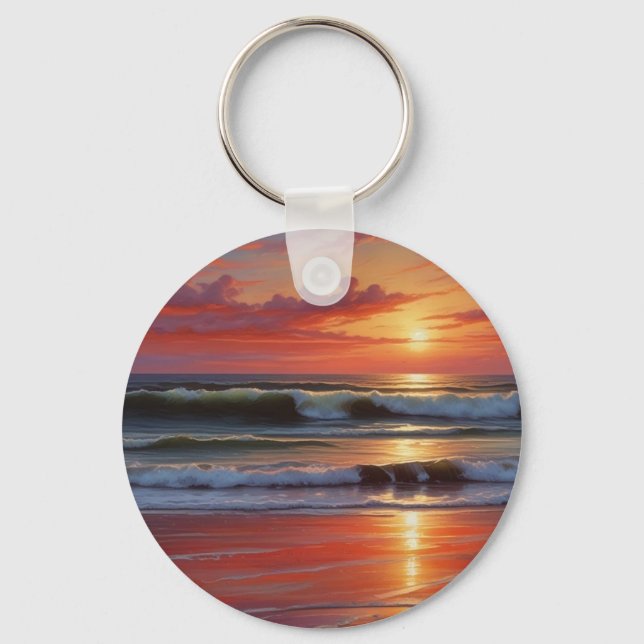 Red Sunset Ocean Seascape Painting Artwork Keychain (Front)