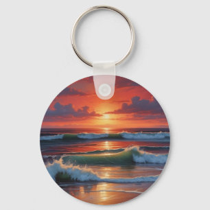 Red Sunset Ocean Seascape Painting Artwork Keychain