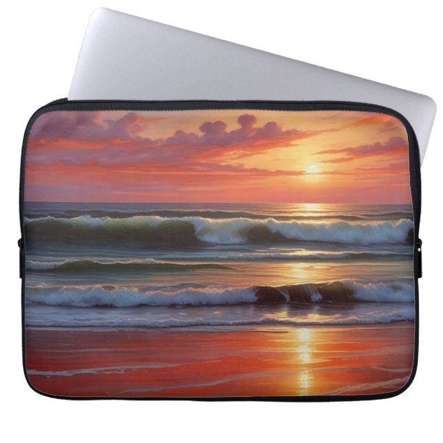 Red Sunset Ocean Seascape Painting Artwork Laptop Sleeve (Front)