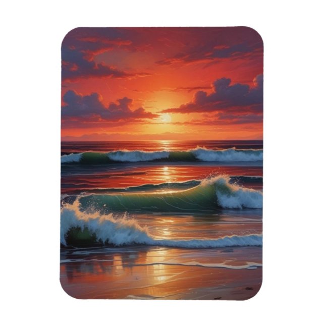 Red Sunset Ocean Seascape Painting Artwork Magnet (Vertical)