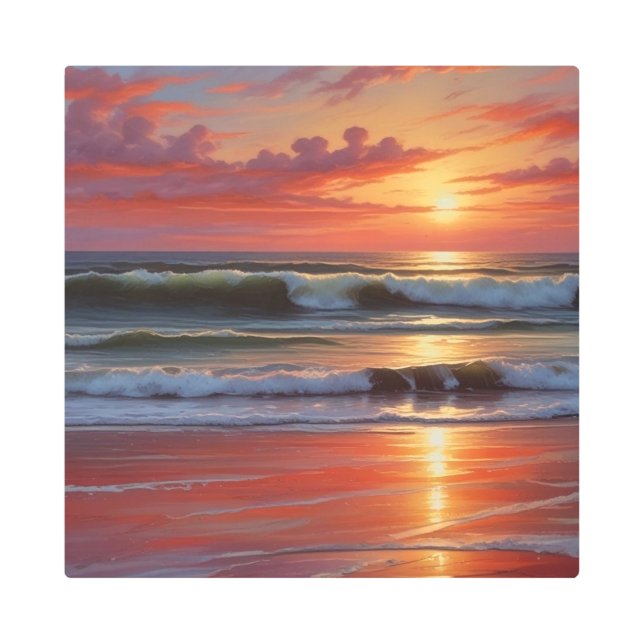 Red Sunset Ocean Seascape Painting Artwork Metal Print (Front)
