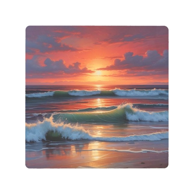 Red Sunset Ocean Seascape Painting Artwork Metal Print (Front)