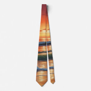 Red Sunset Ocean Seascape Painting Artwork Neck Tie