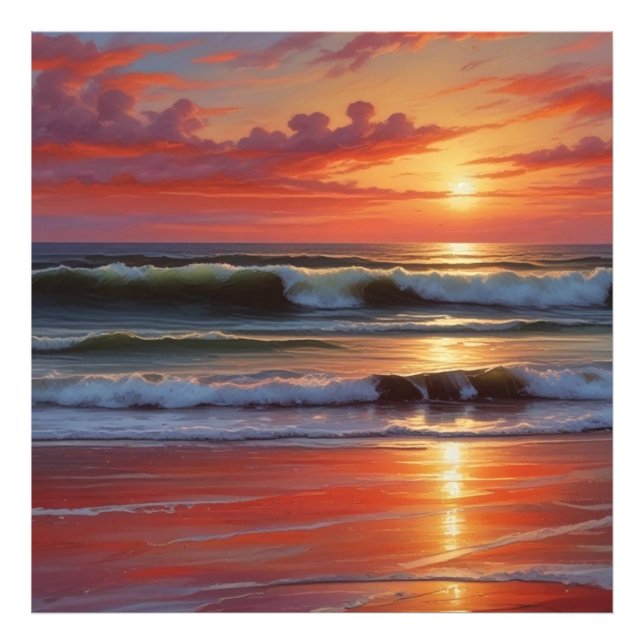 Red Sunset Ocean Seascape Painting Artwork Photo Print (Front)