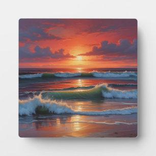 Red Sunset Ocean Seascape Painting Artwork Plaque
