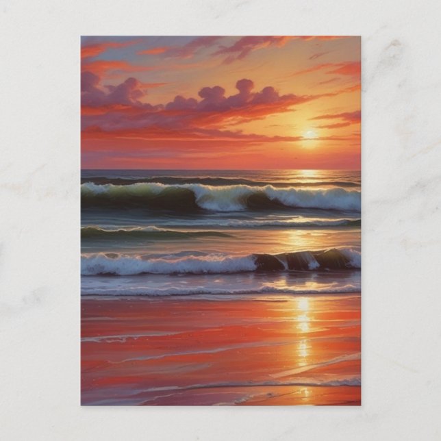 Red Sunset Ocean Seascape Painting Artwork Postcard (Front)