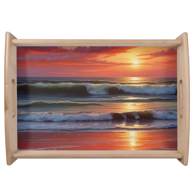 Red Sunset Ocean Seascape Painting Artwork Serving Tray (Front)