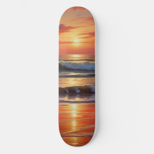 Red Sunset Ocean Seascape Painting Artwork Skateboard