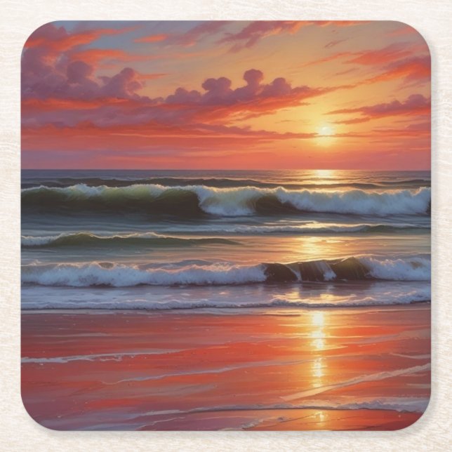 Red Sunset Ocean Seascape Painting Artwork Square Paper Coaster (Front)