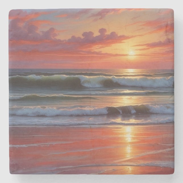 Red Sunset Ocean Seascape Painting Artwork Stone Coaster (Front)