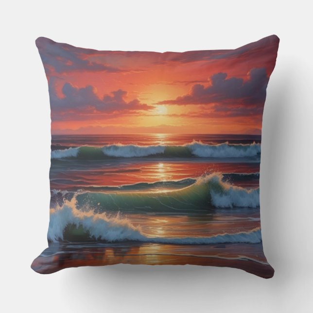 Red Sunset Ocean Seascape Painting Artwork Throw Pillow (Front)