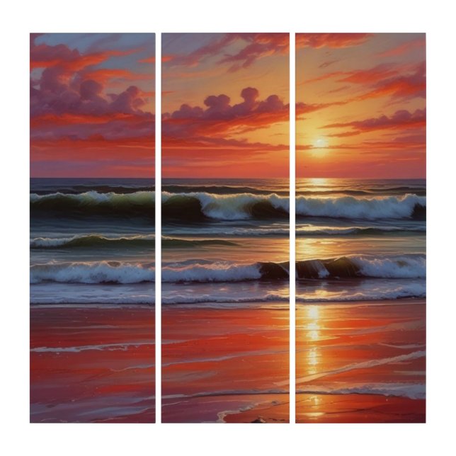 Red Sunset Ocean Seascape Painting Artwork Triptych (Front)