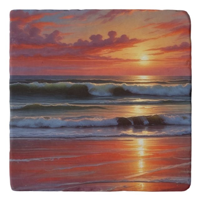 Red Sunset Ocean Seascape Painting Artwork Trivet (Front)