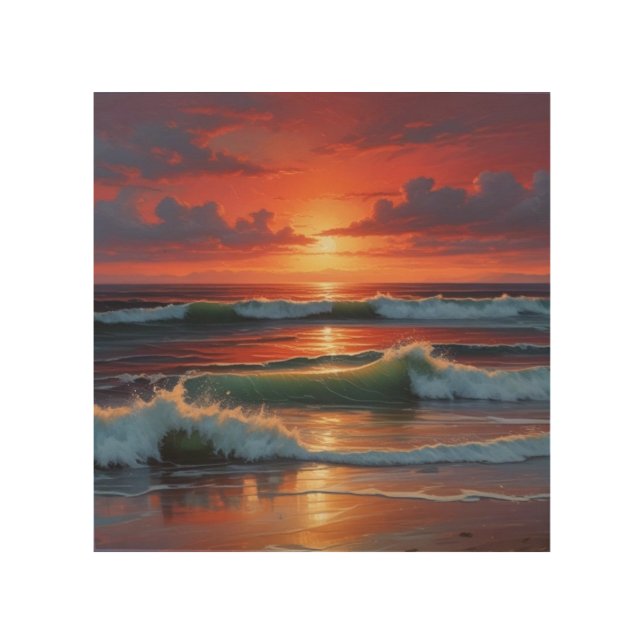 Red Sunset Ocean Seascape Painting Artwork Wood Wall Art (Front)