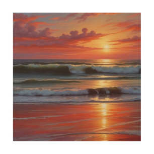 Red Sunset Ocean Seascape Painting Artwork Wood Wall Art