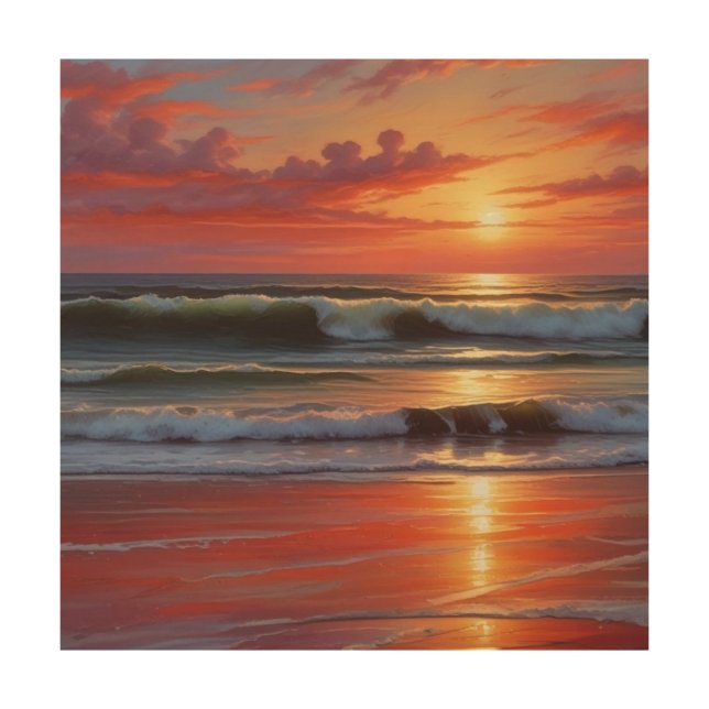 Red Sunset Ocean Seascape Painting Artwork Wood Wall Art (Front)
