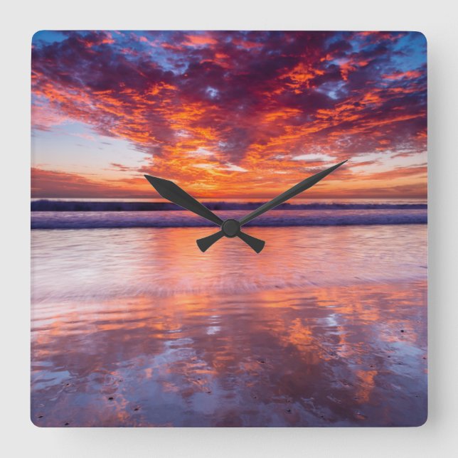 Red sunset over the sea, California Square Wall Clock (Front)