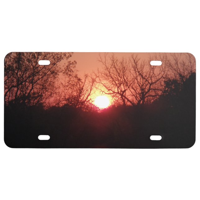 Red Sunset Silhouette Trees License Plate (Front)