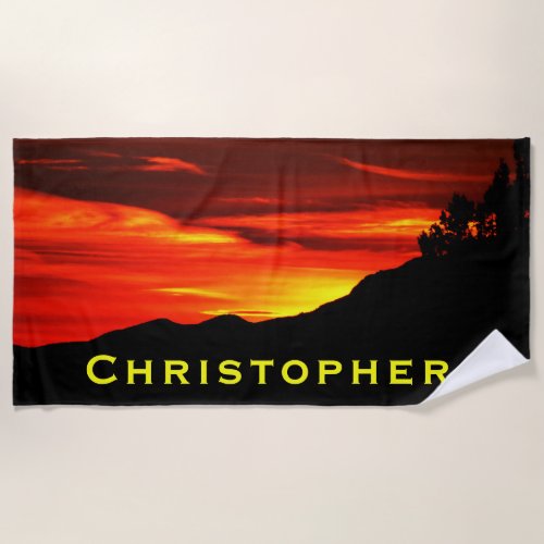 Red Sunset Sky Kolob Terrace Beach Towel with Name