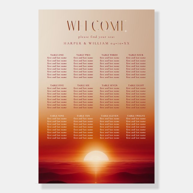 Red sunset welcome wedding seating chart foam board (Front)