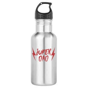 Red Super Dad Lightning Bolt Rock'n Roll Script Water Bottle